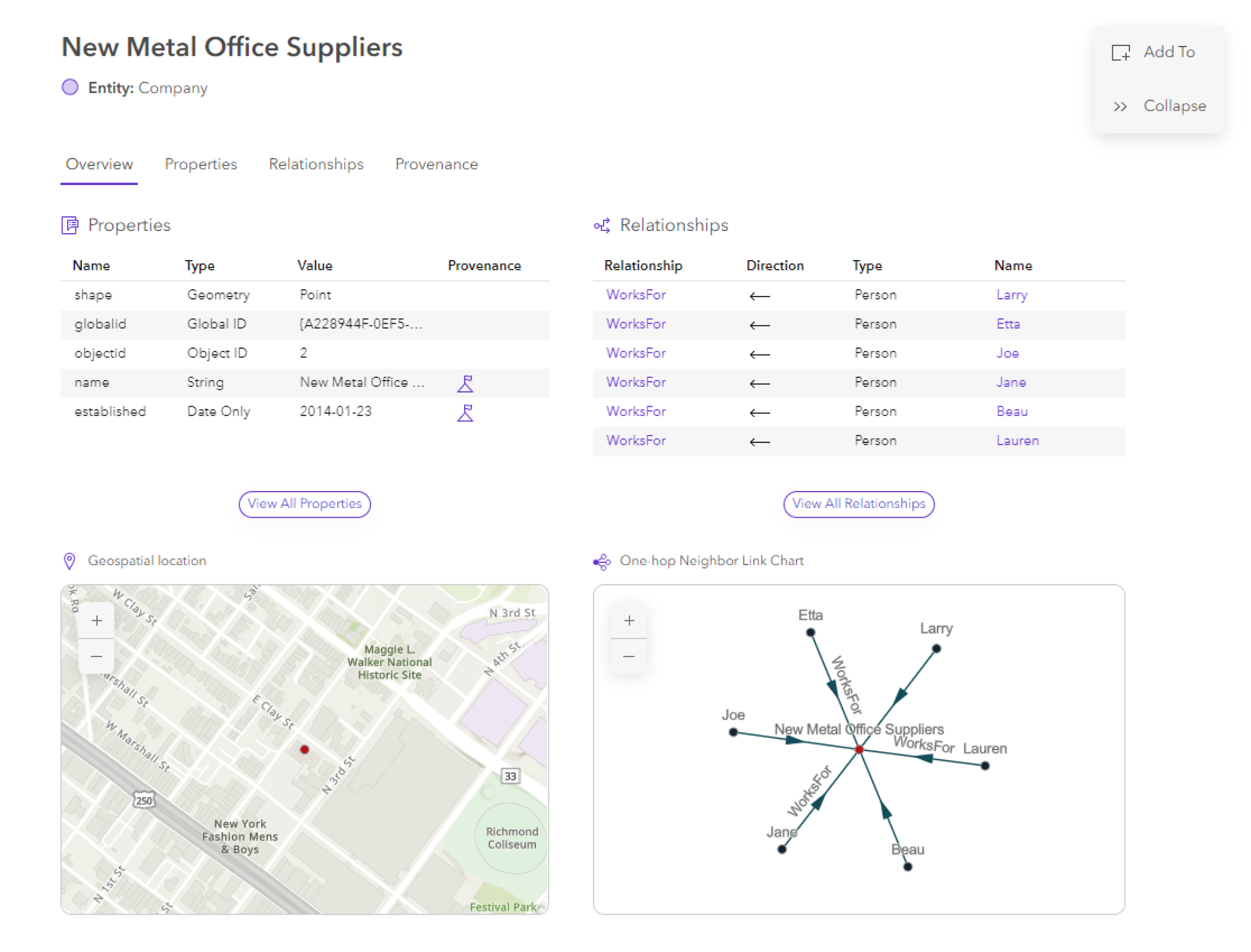 Content for a selected entity on the Overview tab in the knowledge graph view Content for a selected entity on the Overview tab in the knowledge graph view